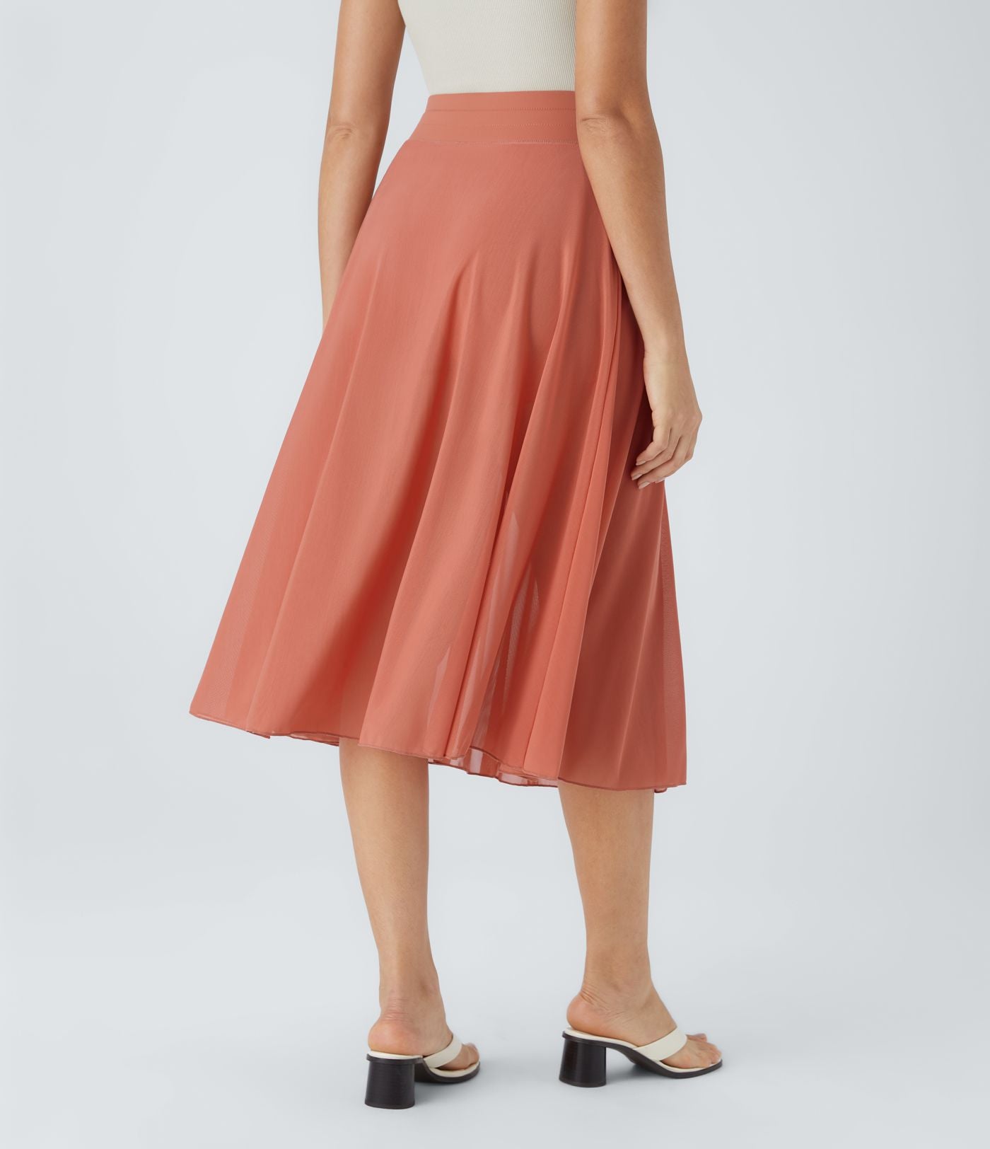Jupe Casual Évasée Mesh Mi-Longue Fuide 2 en 1 Contrastée Taille Haute Cordon Poche Latérale