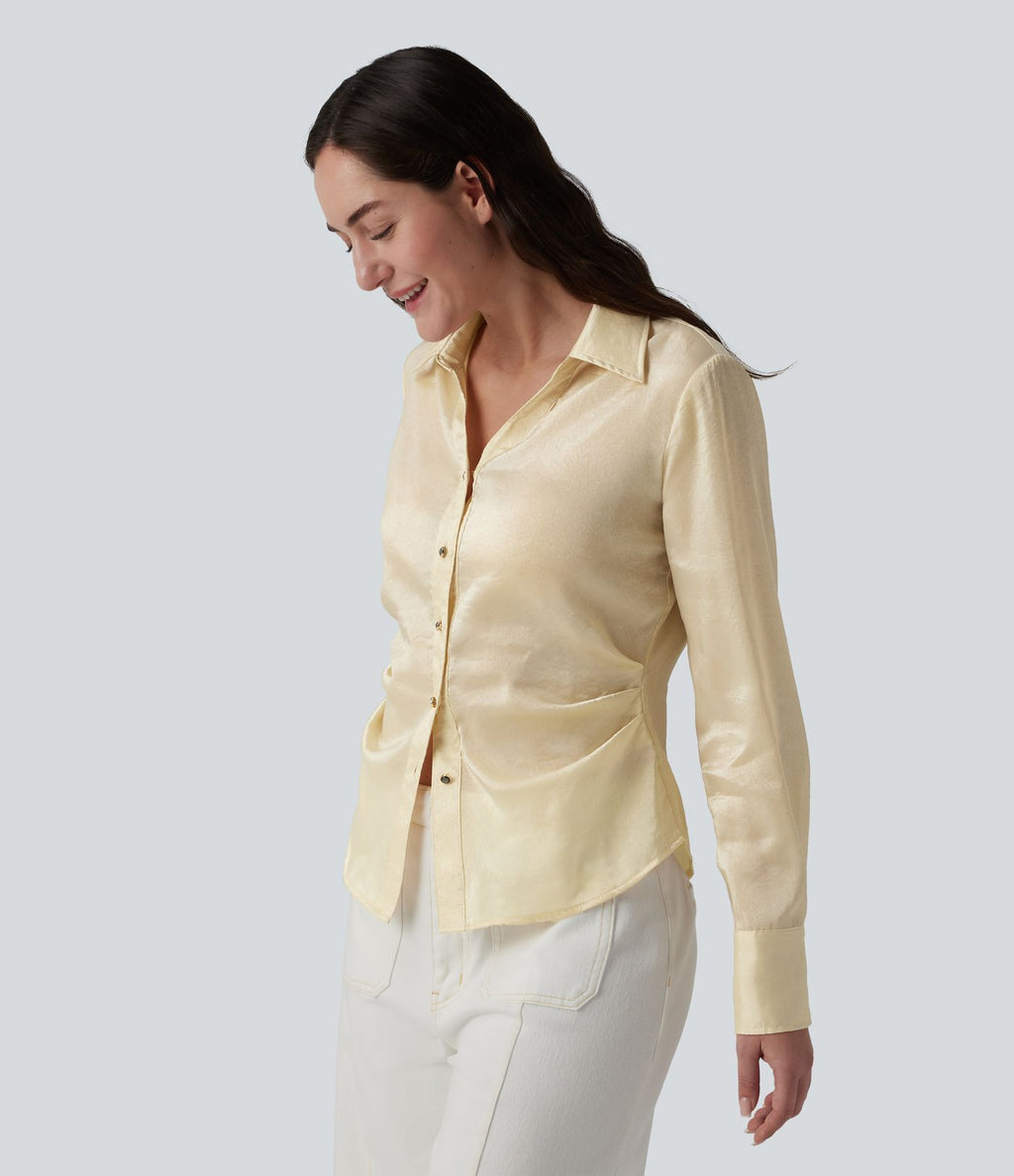 Chemise décontractée ajustée col V manches longues ourlet arrondi