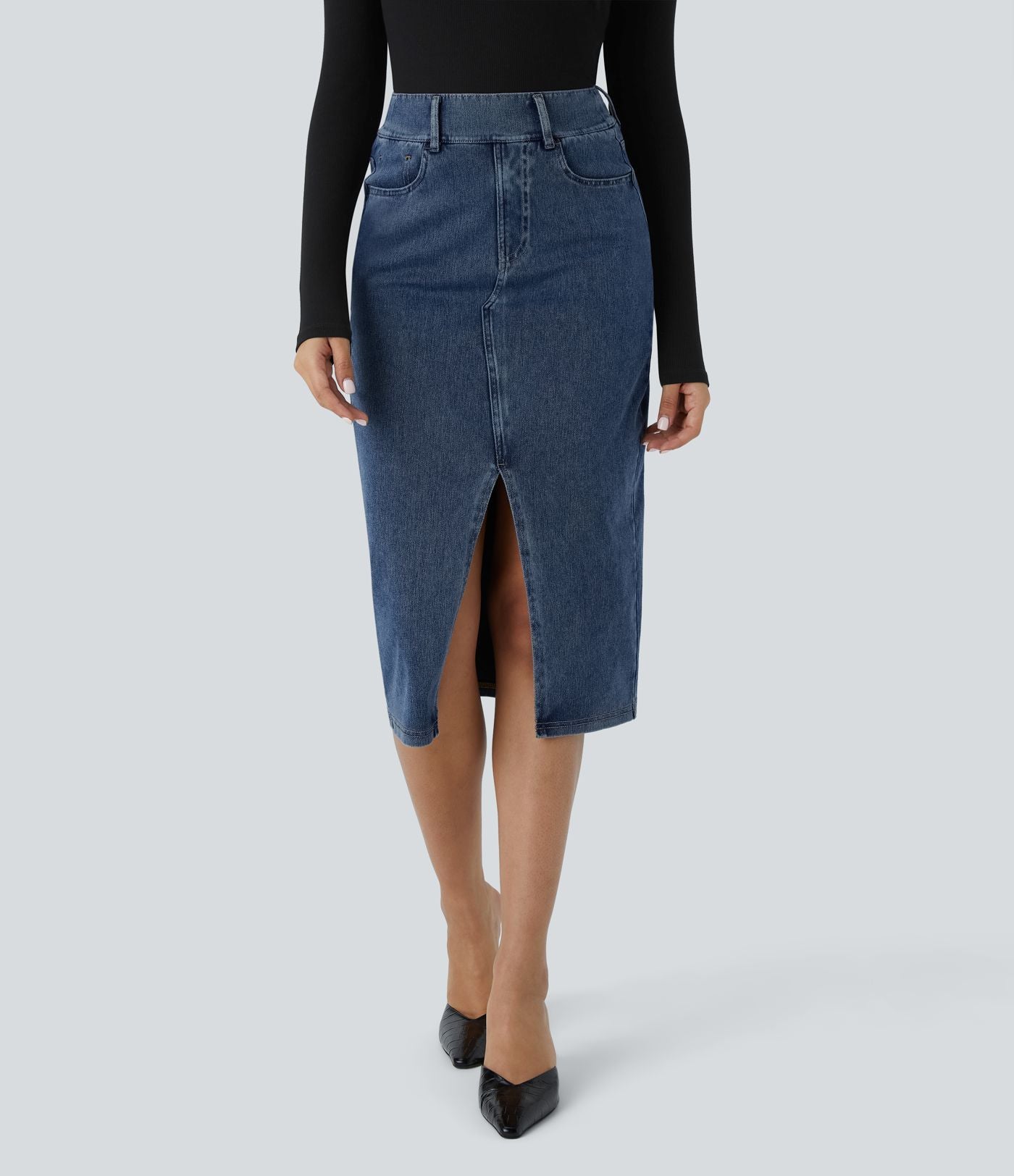 Halara Flex™ Jupe en Jean Midi Casual Tricot Extensible Taille Haute Poches Multiples