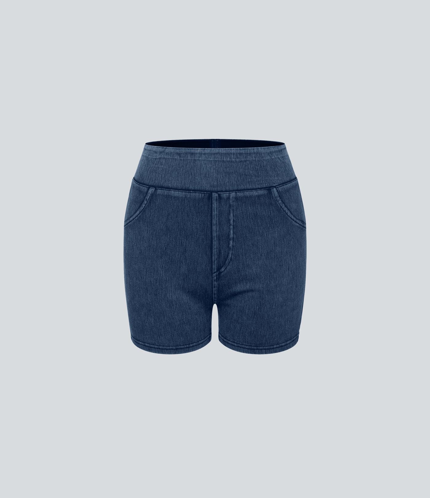 Halara Flex™ Shorts 7,5cm Casual en Denim Tricot Extensible Taille Haute Avec Poches Latérales Arrière