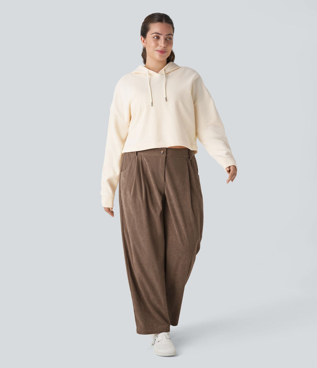 Pantalon Casual Grande Taille Velours Côtelé Taille Mi-haute Boutonnés Fermeture Éclair Poches Latérales