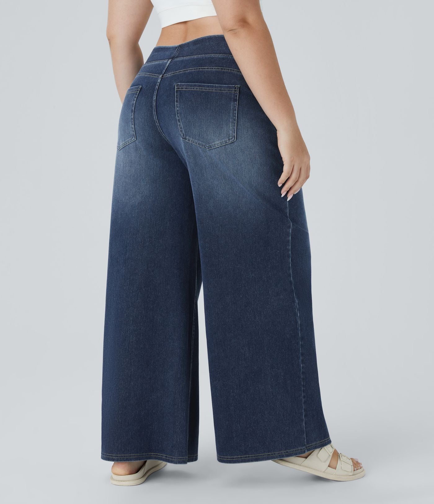 Halara Flex™ Jeans Larges Casual Taille Haute Multiples Poches Lavés Élastiques et Tricotés Grande Taille