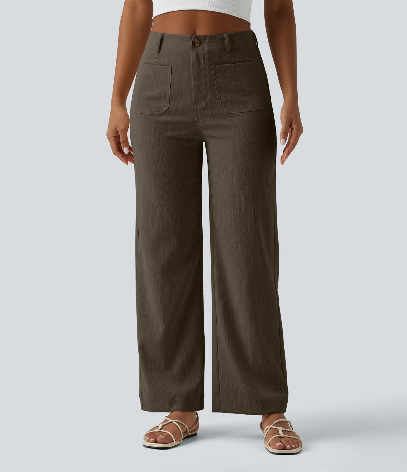 Pantalon taille haute coupe droite effet lin avec poches