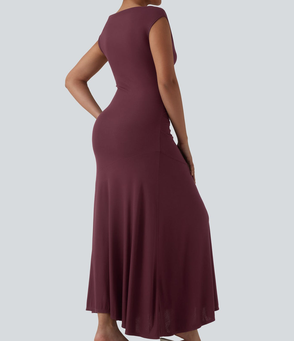 Robe décontractée maxi sans manches col drapé maille côtelée