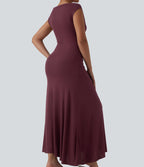 Robe décontractée maxi sans manches col drapé maille côtelée