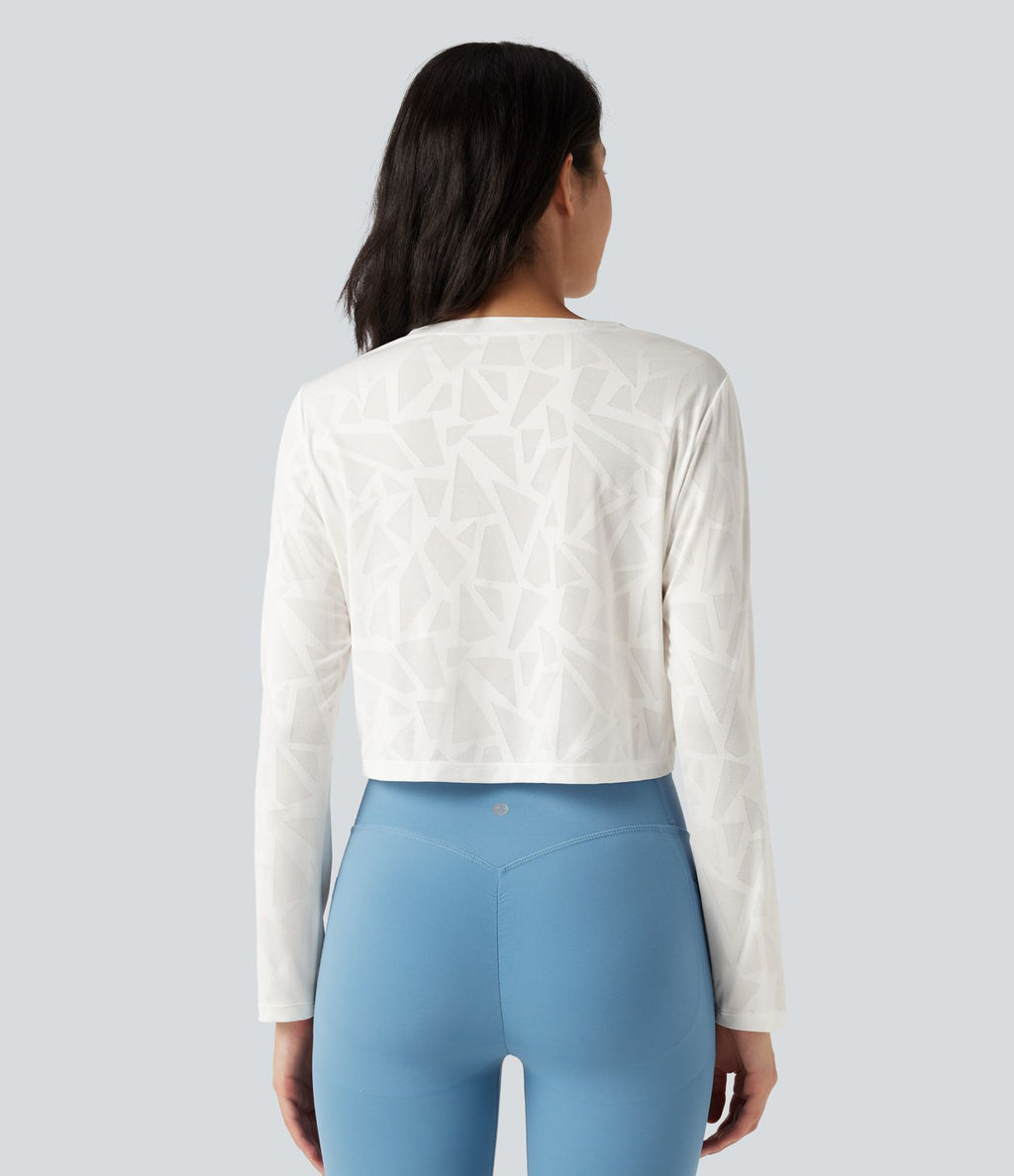 Top de sport yoga jacquard ourlet croisé col rond manches longues