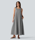 Robe débardeur midi décontractée à col rond sans manches avec soutien-gorge intégré en tissu froissé vichy avec poches