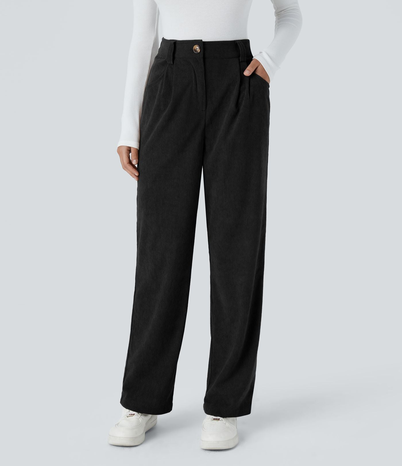 Pantalon décontracté en velours côtelé, taille haute, avec poche zippée