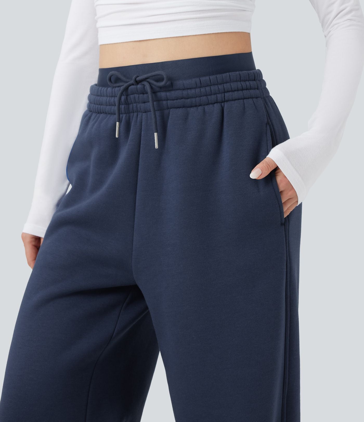 Pantalon jogging en coton molleton large taille haute avec cordon et poches