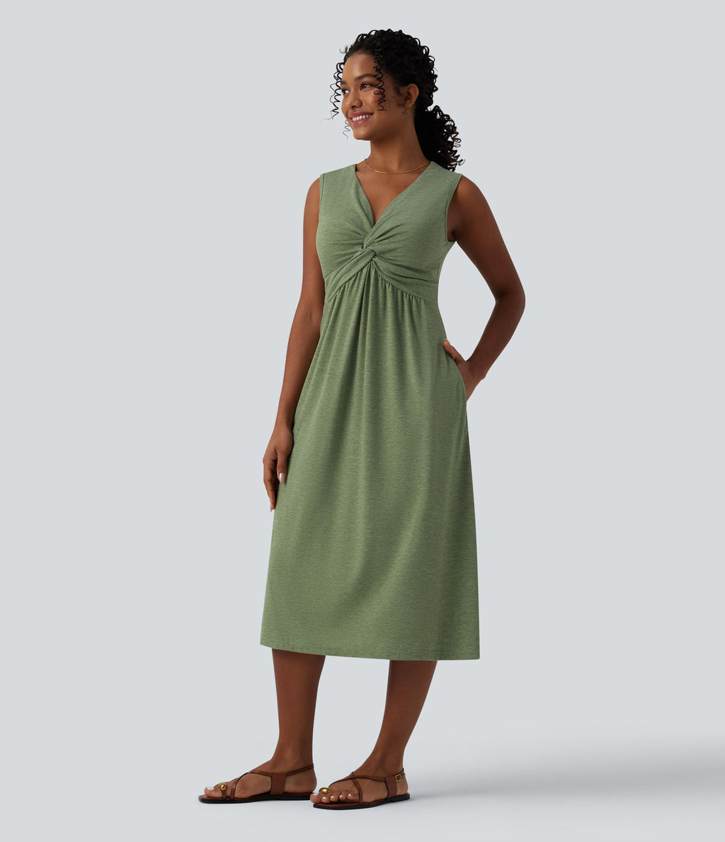 Robe midi évasée décontractée col V sans manches torsadée avec poches