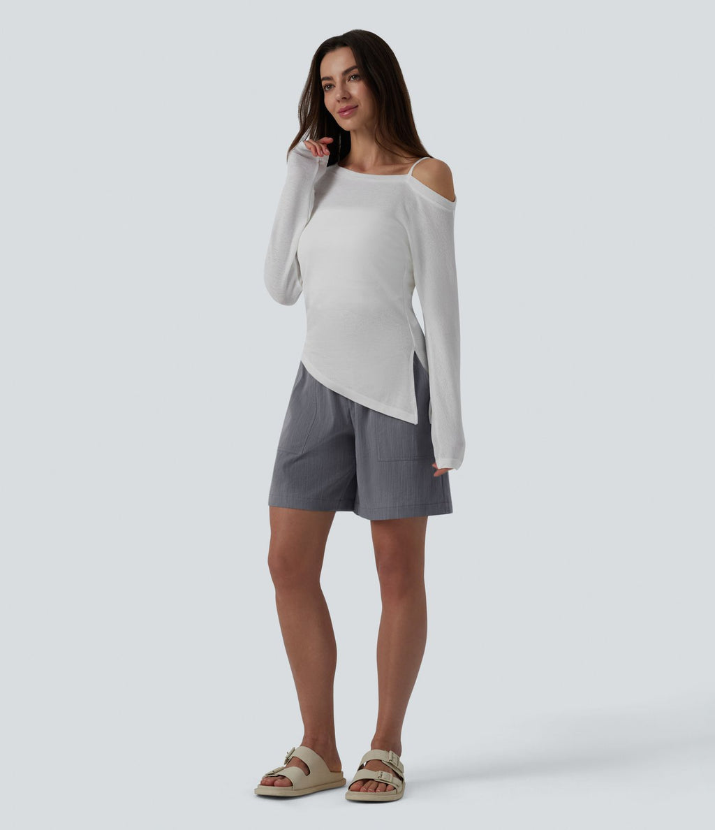 Bermuda casual aspect lin taille haute avec fronces 17,5 cm avec poches