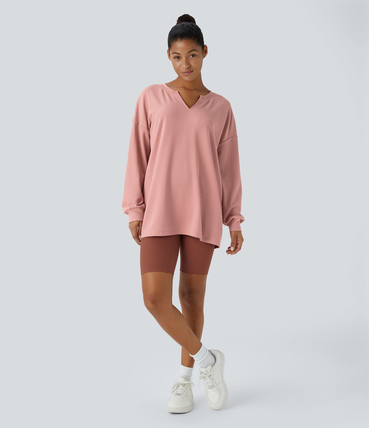 Sweat décontracté en tissu gaufré avec col en V et épaules tombantes