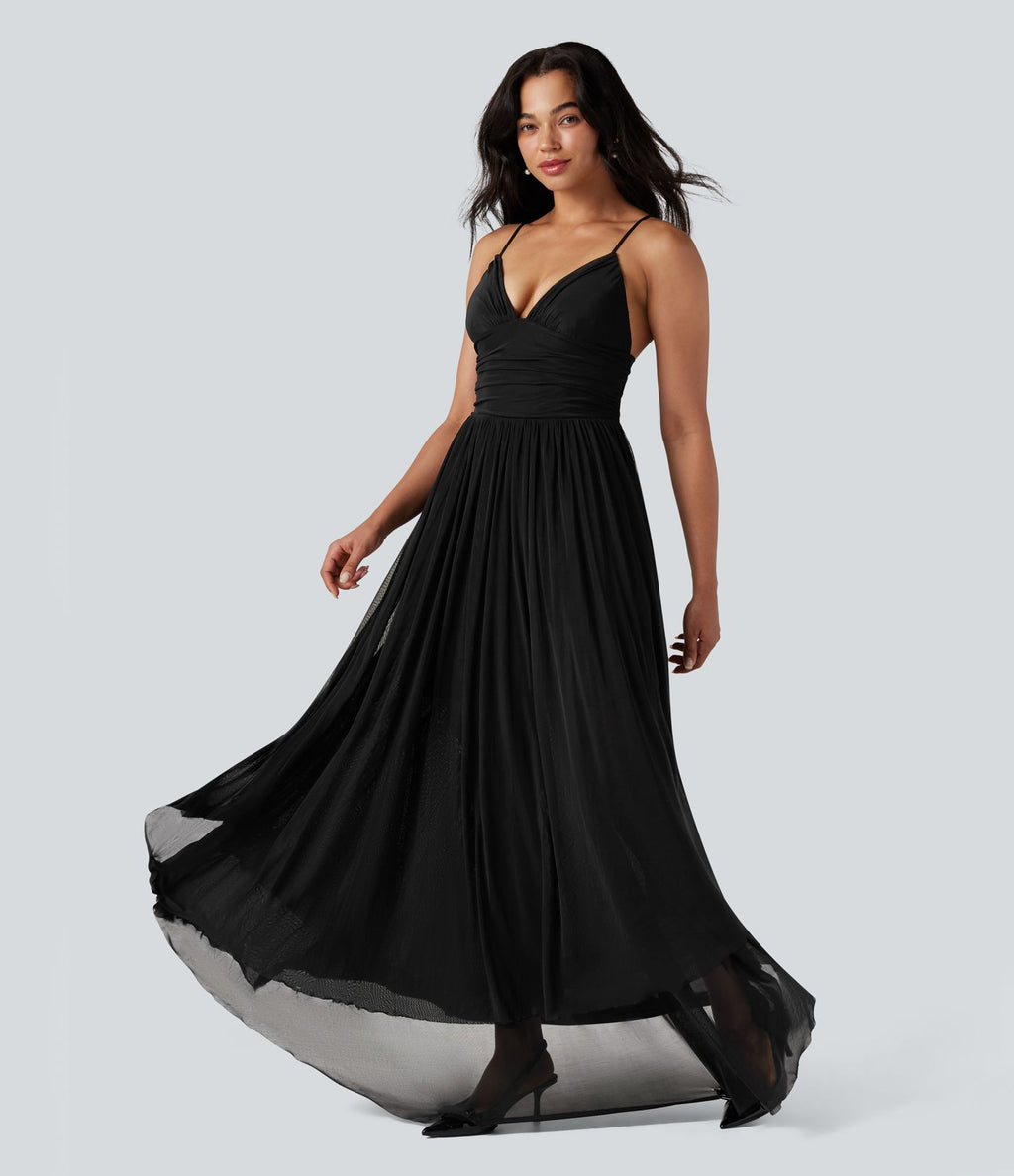 Robe longue à bretelles en résille superposée avec laçage et soutien-gorge intégré