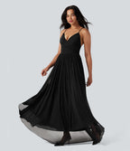 Robe longue à bretelles en résille superposée avec laçage et soutien-gorge intégré