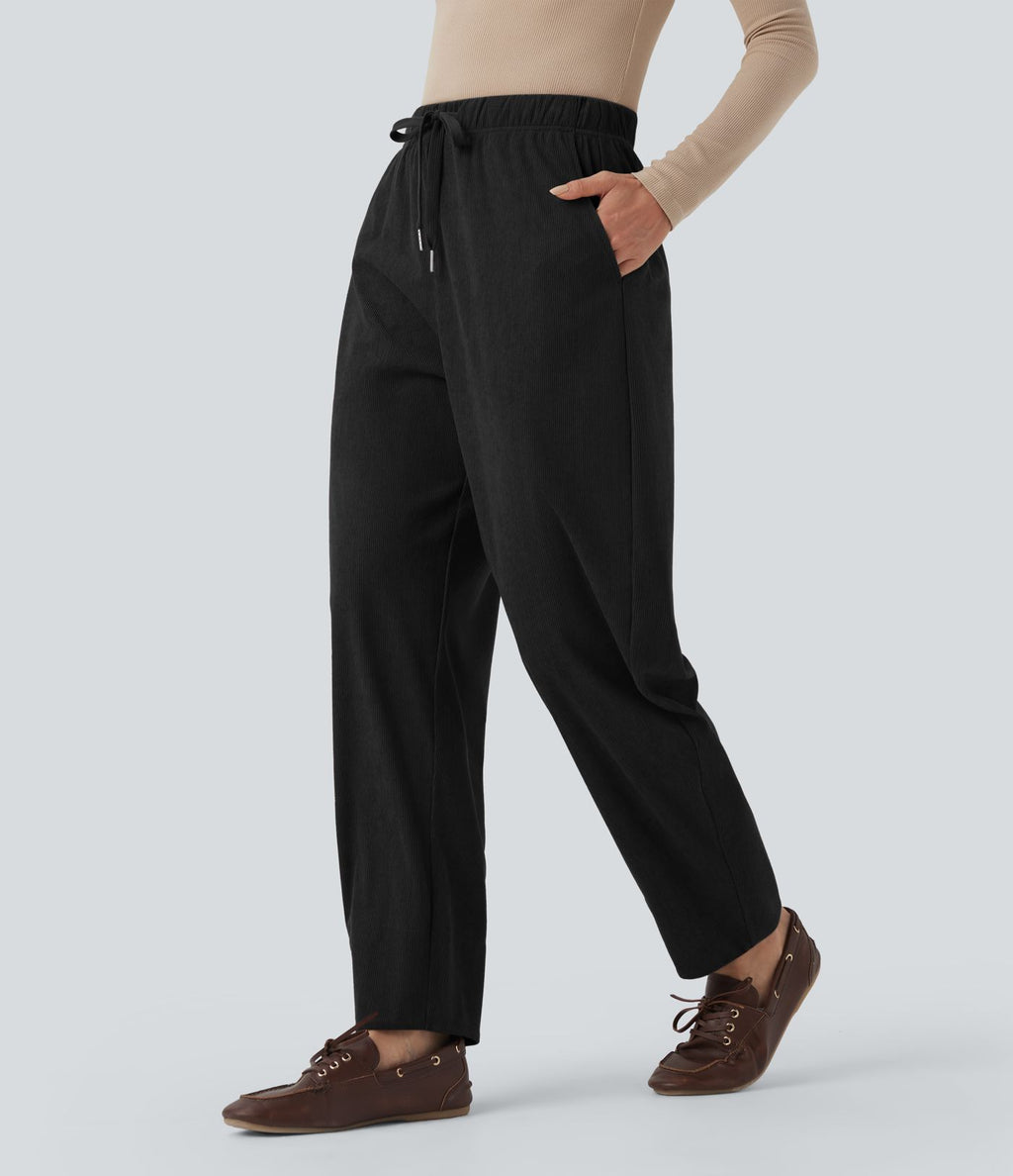 Pantalon taille mi-haute à cordon, jambe tombante en velours côtelé avec poches