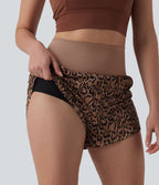 Short de running 2-en-1 taille haute imprimé léopard 7,5 cm avec poche