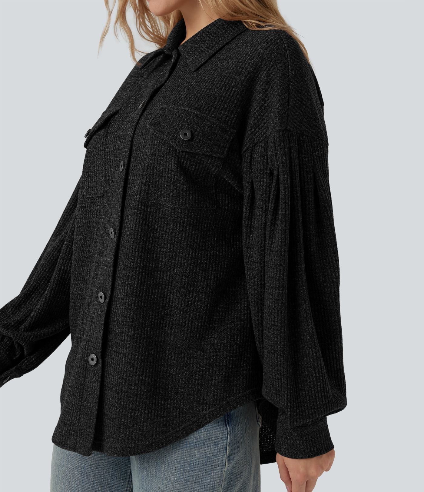 Veste décontractée maille gaufré manches longues ourlet arrondi avec poches