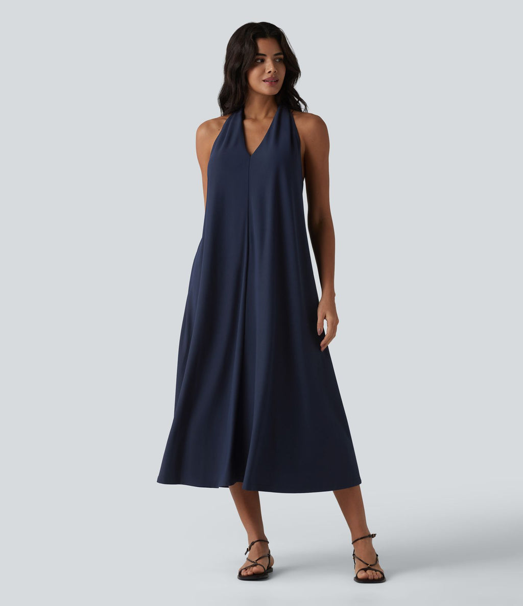 Robe midi décontractée col V avec poches