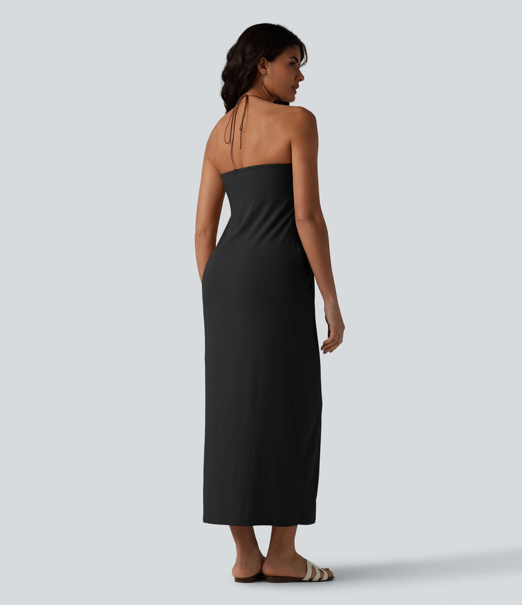 Robe longue estivale col licou dos nu avec lien soutien-gorge intégré aspect lin avec poches