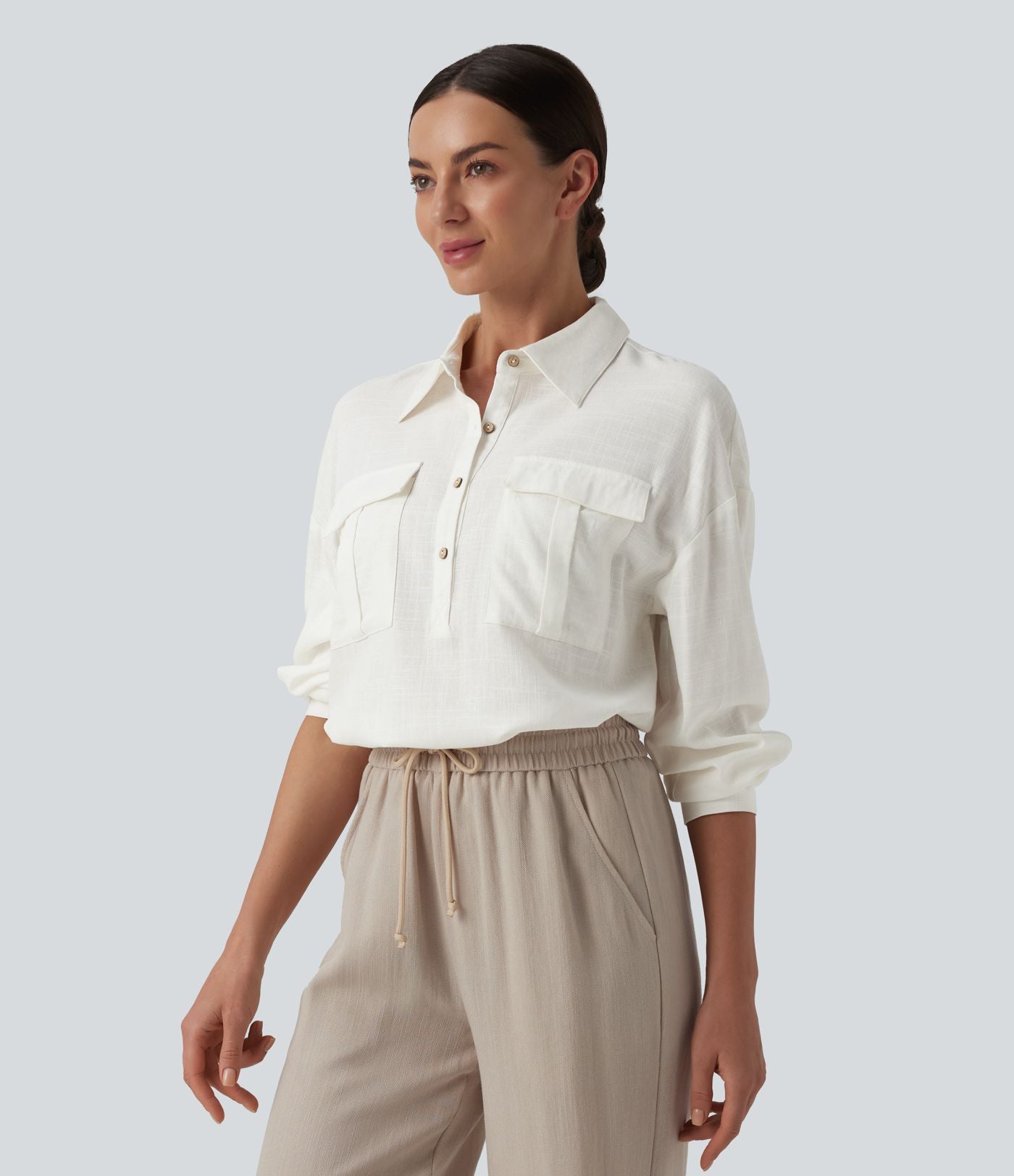 Chemise décontractée en lin col ourlet arrondi manches longues boutonnée avec poches