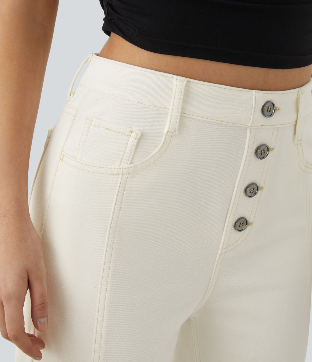 Jean Droit Casual Style Boyfriend Tricot Extensible Droite Taille Haute Avec Boutons Décoratifs Poches Multiples