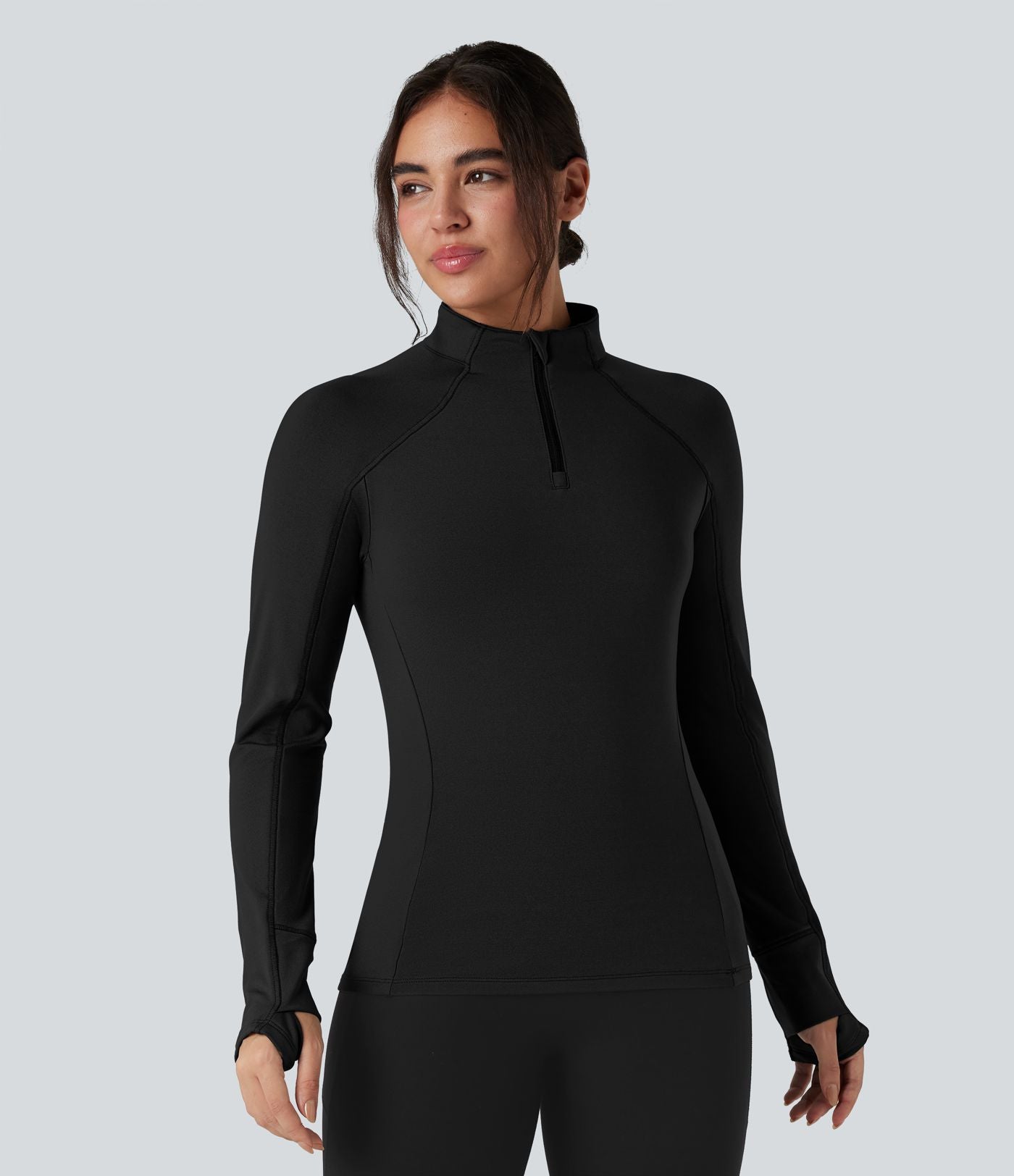 Top de sport randonnée polaire col montant demi-zip manches longues avec trous pouces