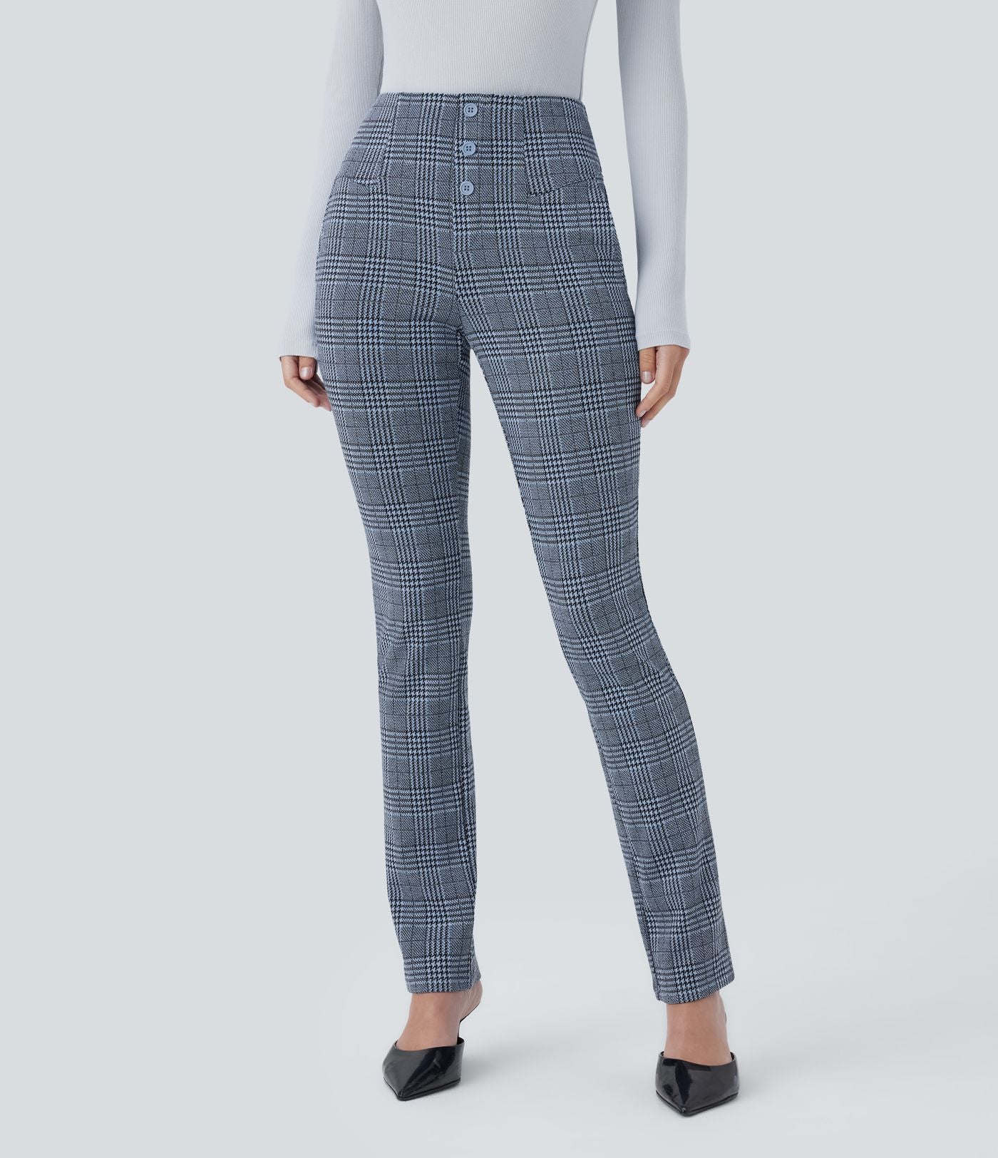 Halara Flex™ Pantalon tailleur Cintrés à Taille Haute avec Boutons Décoratifs Poches Latérales et Imprimé Pied-de-Poule