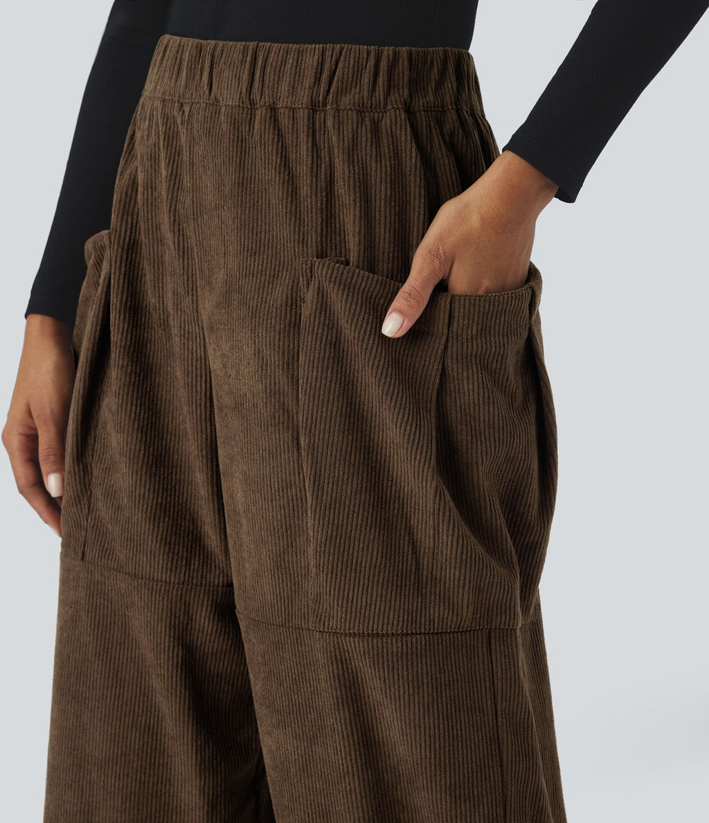 Pantalon décontracté en velours côtelé, taille haute, avec poches