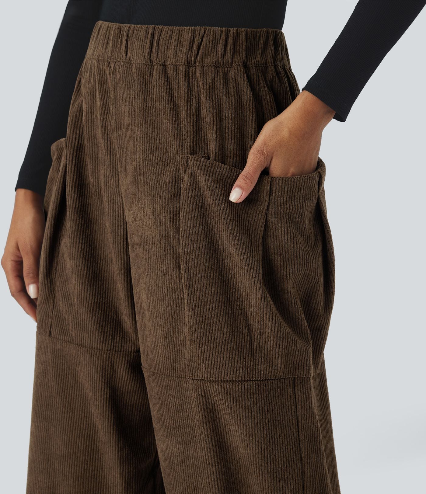 Pantalon décontracté en velours côtelé, taille haute, avec poches