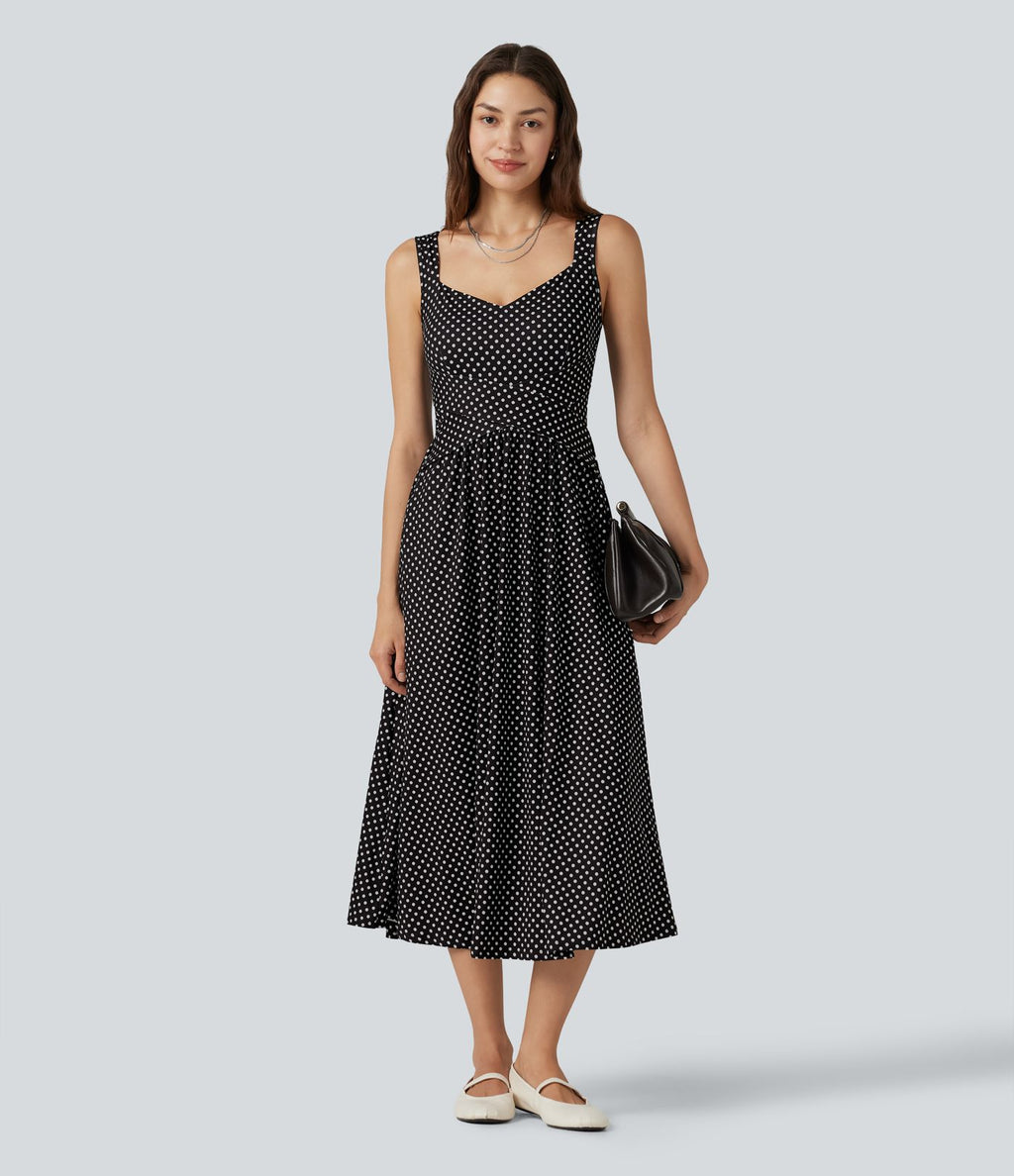 Robe fluide décontractée midi sans manches dos nu croisée à pois avec poches