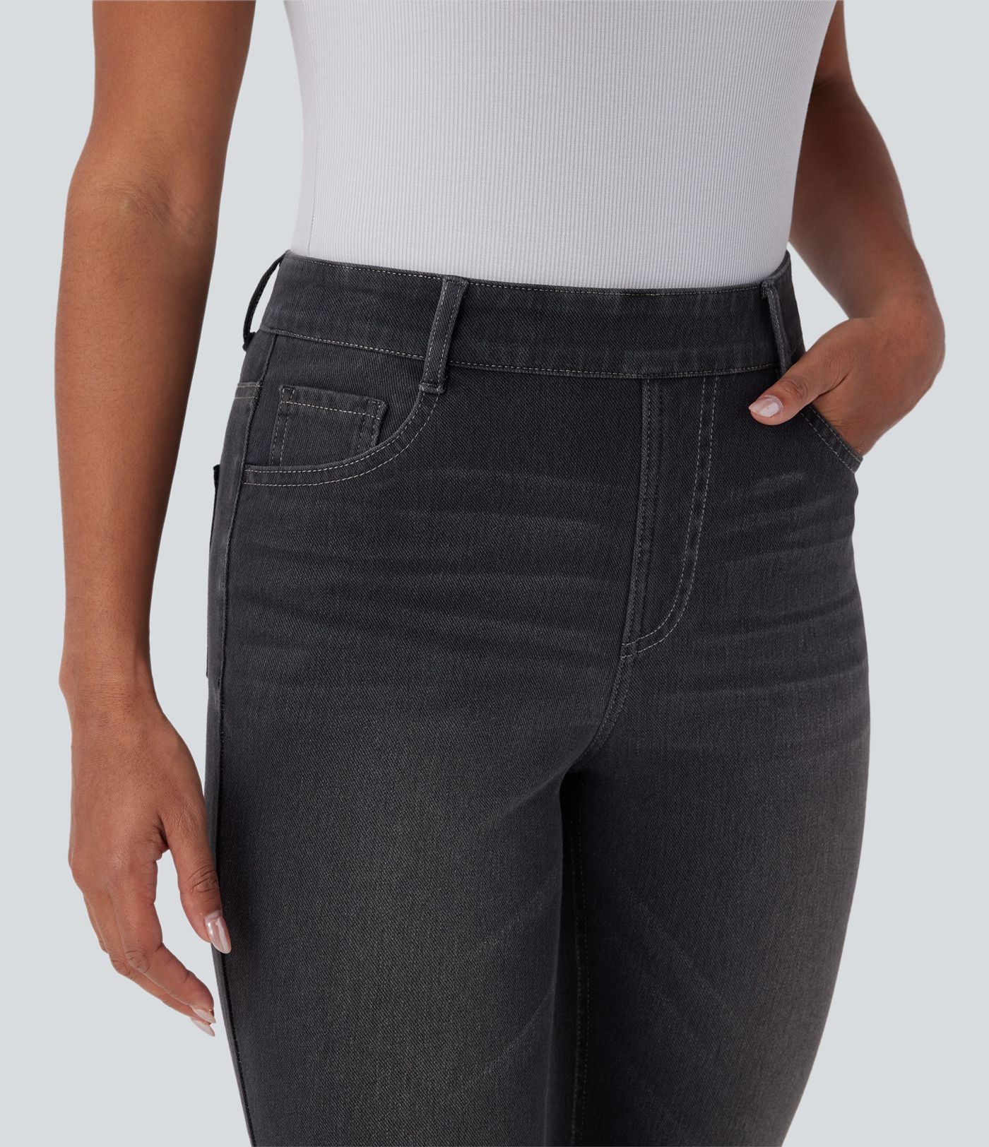 Halara Flex™ Jeans bootcut Casual Taille Haute Multiples Poches Lavés Élastiques et Tricotés Coupe