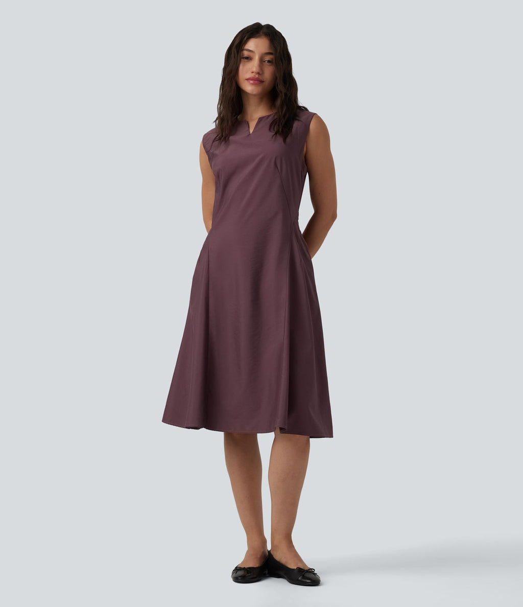 Robe mi-longue évasée de travail col cranté sans manches avec poches