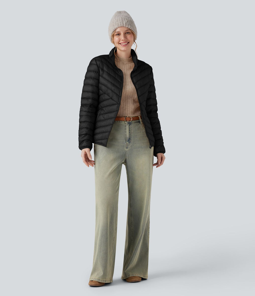 Veste casual compactable en duvet synthétique zippée à col montant et manches longues avec poches