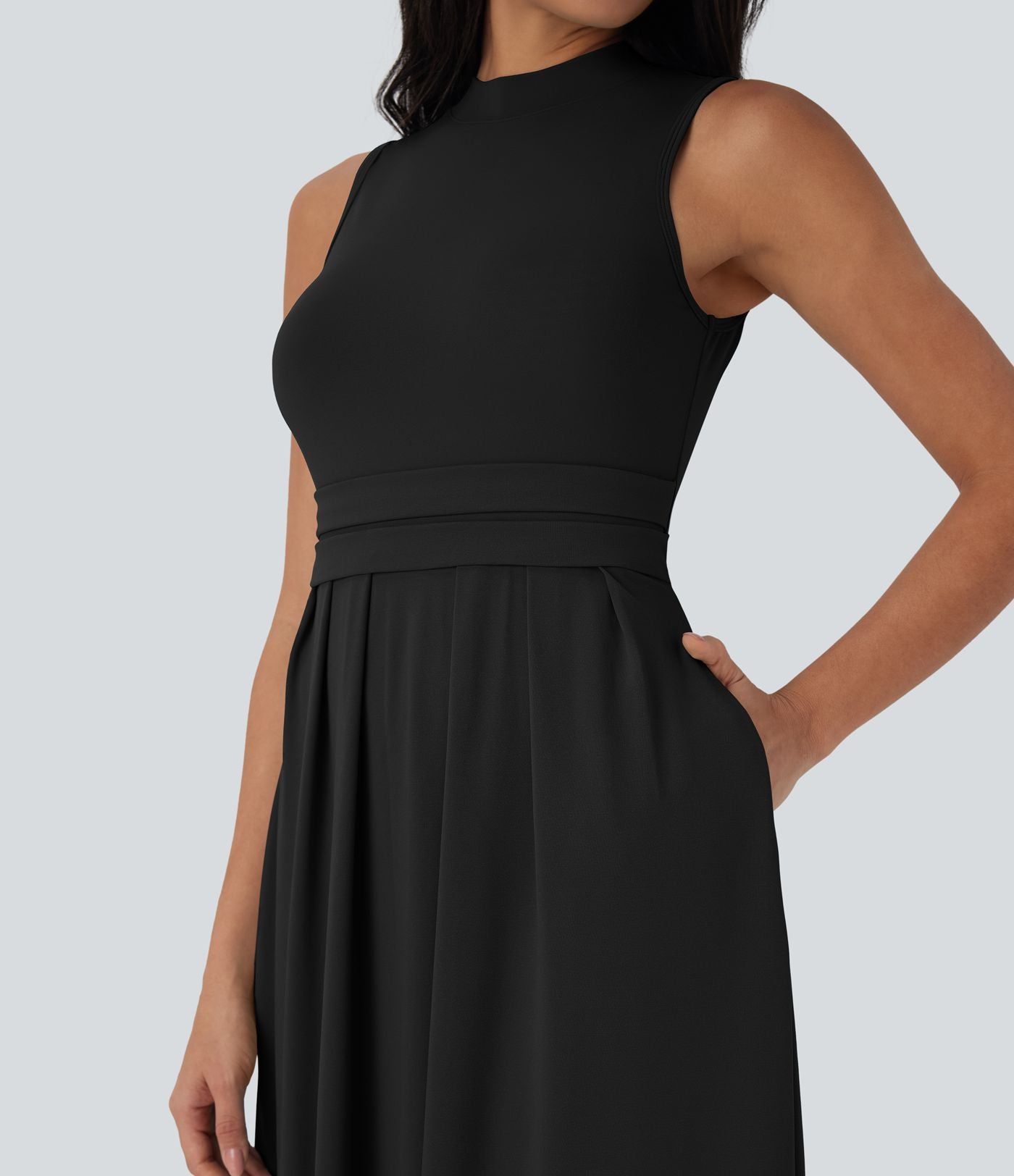 Robe longue décontractée sans manches à col montant, coupe évasée et poches latérales