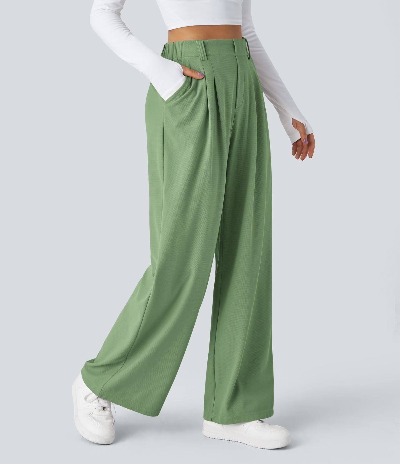 Pantalon Tailleur Large Fluide Halara Flex™ Gaufré Taille Haute Poches Latérales