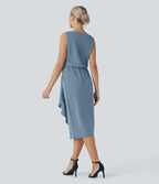 Robe midi de voyage défroissage facile, col bénitier, ourlet croisé et poches