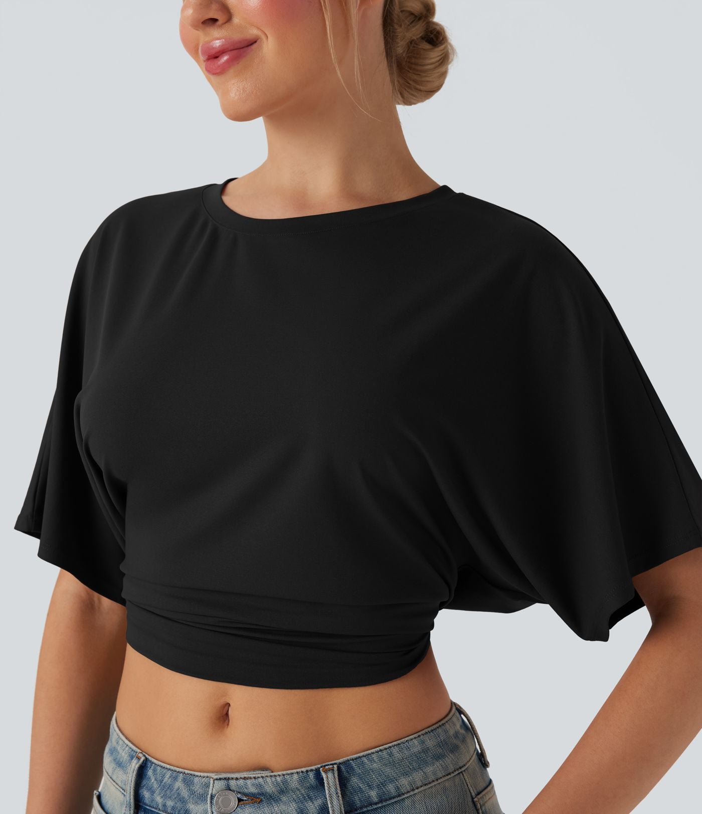 Haut casual crop col rond manches courtes fentes liens dos