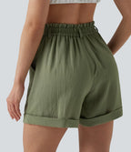 Short resort 12,5 cm taille haute effet lin avec ourlet roulotté et poches