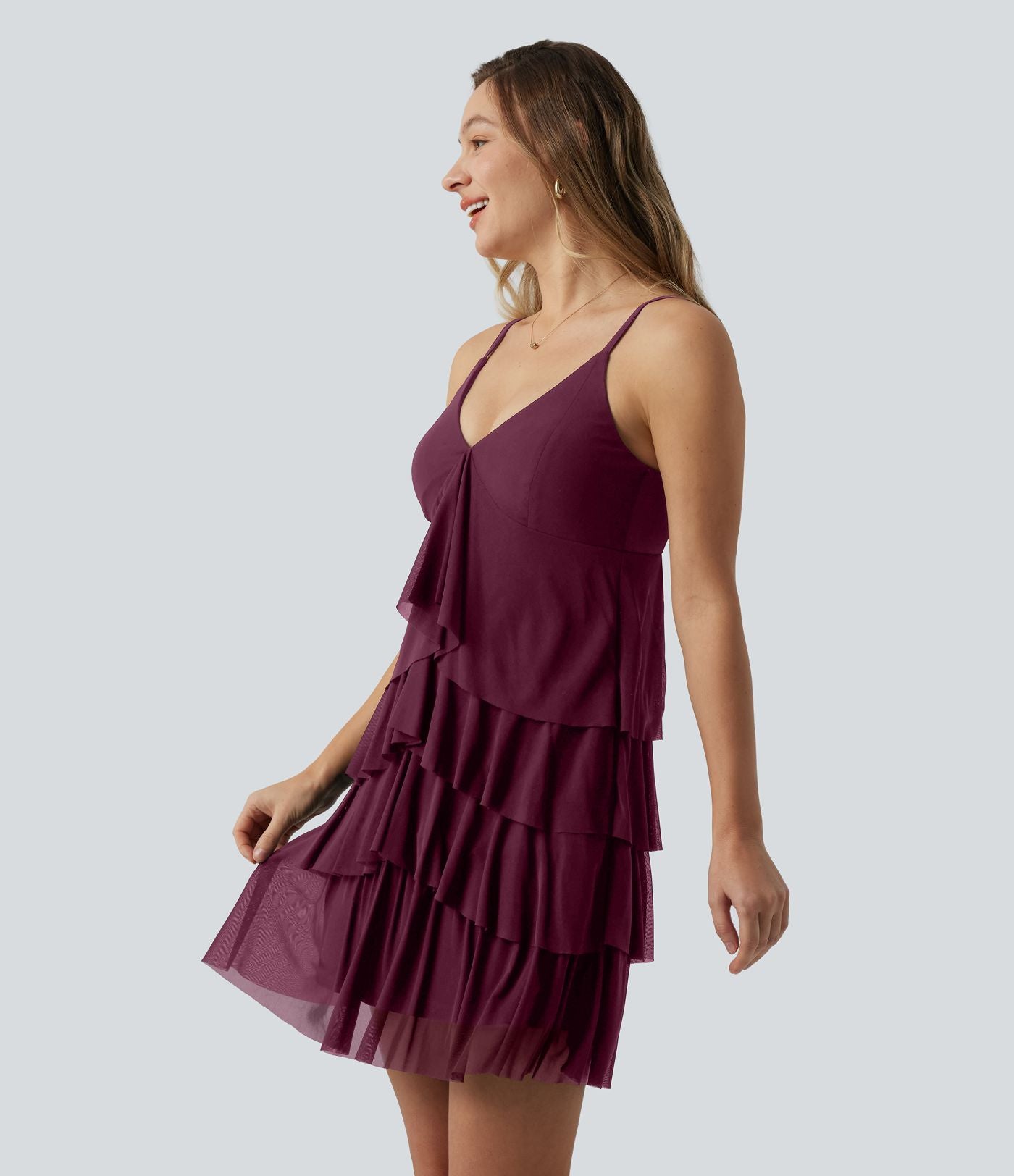 Robe nuisette courte décontractée à volants, dos nu croisé, empiècement en résille, brassière intégrée et poches