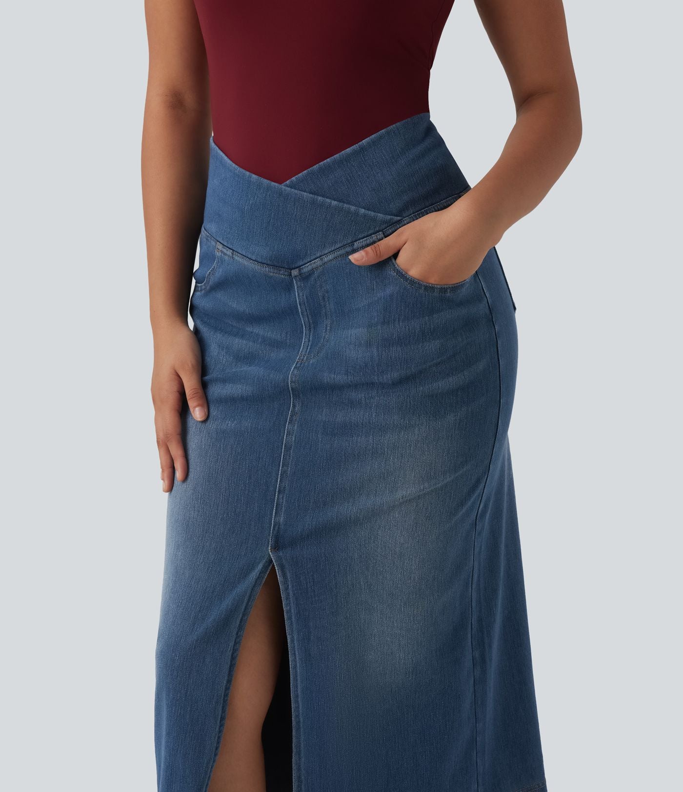 Halara Flex™ Jupe droite casual en jean asymétrique taille haute ventre plat avec fente et poches