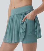 Jupe-short de tennis mini 2-en-1 taille mi-haute mesh contrasté avec poche