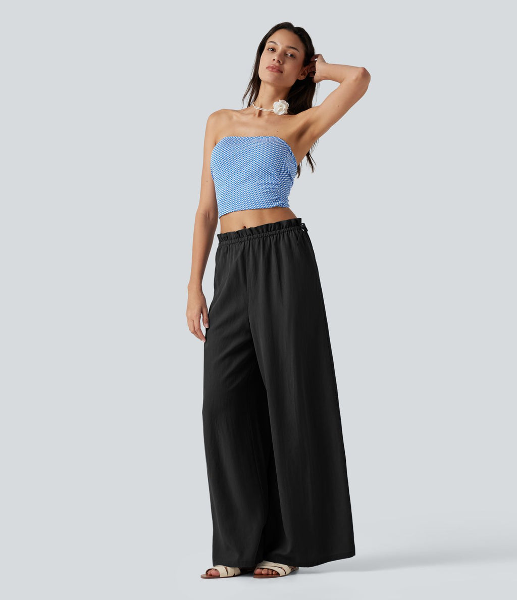 Pantalon baggy fluide casual en mélange de lin taille mi-haute à volants avec cordon et poches