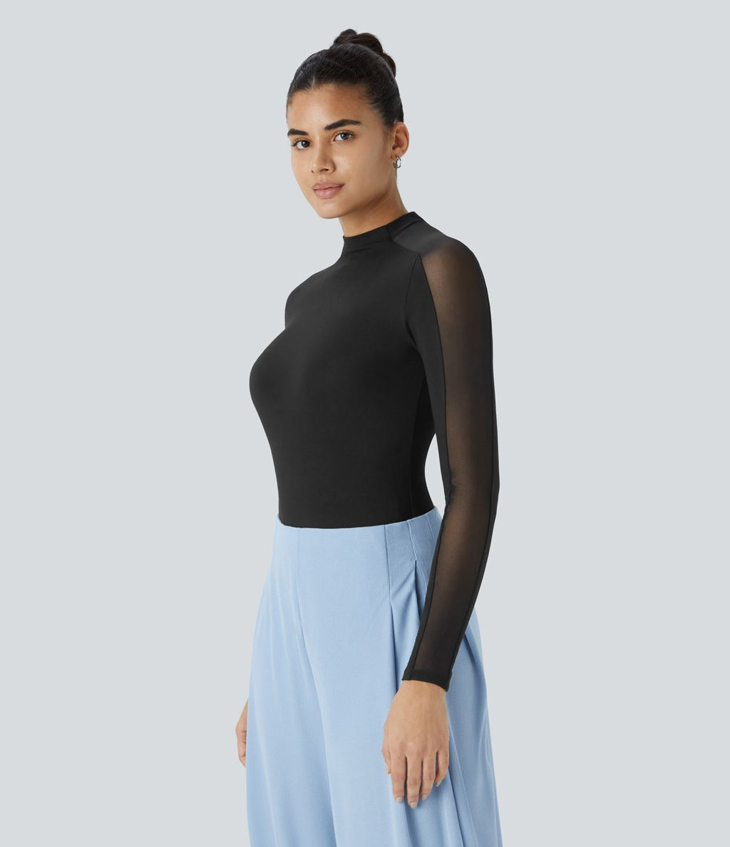 Top de Travail Skinny à Col Montant Manches Raglan Longues Mesh Contrastés