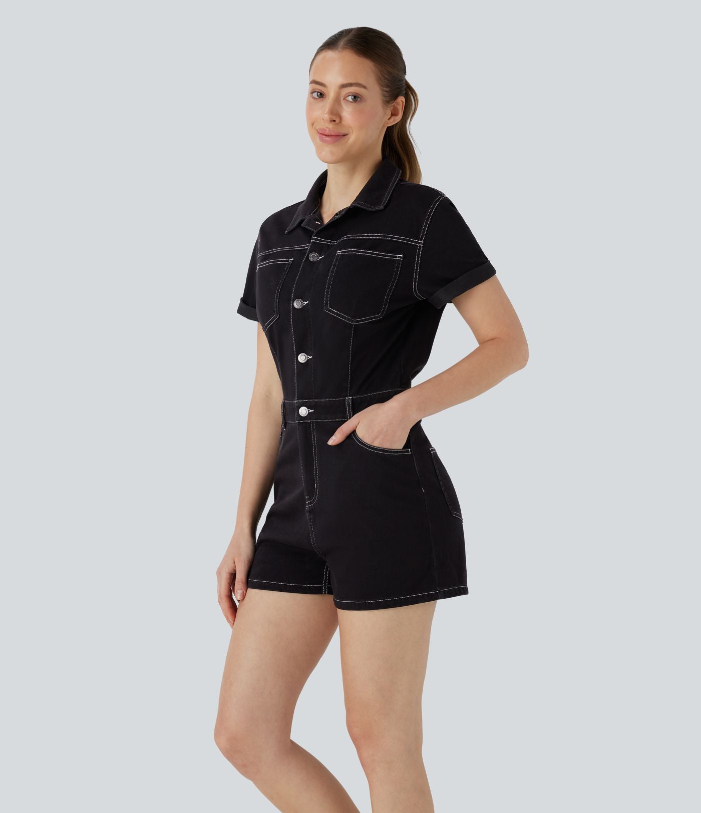 Halara Flex™ combi-short utilitaire à col et manches courtes en jean extensible délavé avec poches multiples