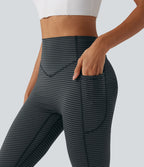 Legging de yoga 7/8 taille haute gainant à rayures et fronces avec poches