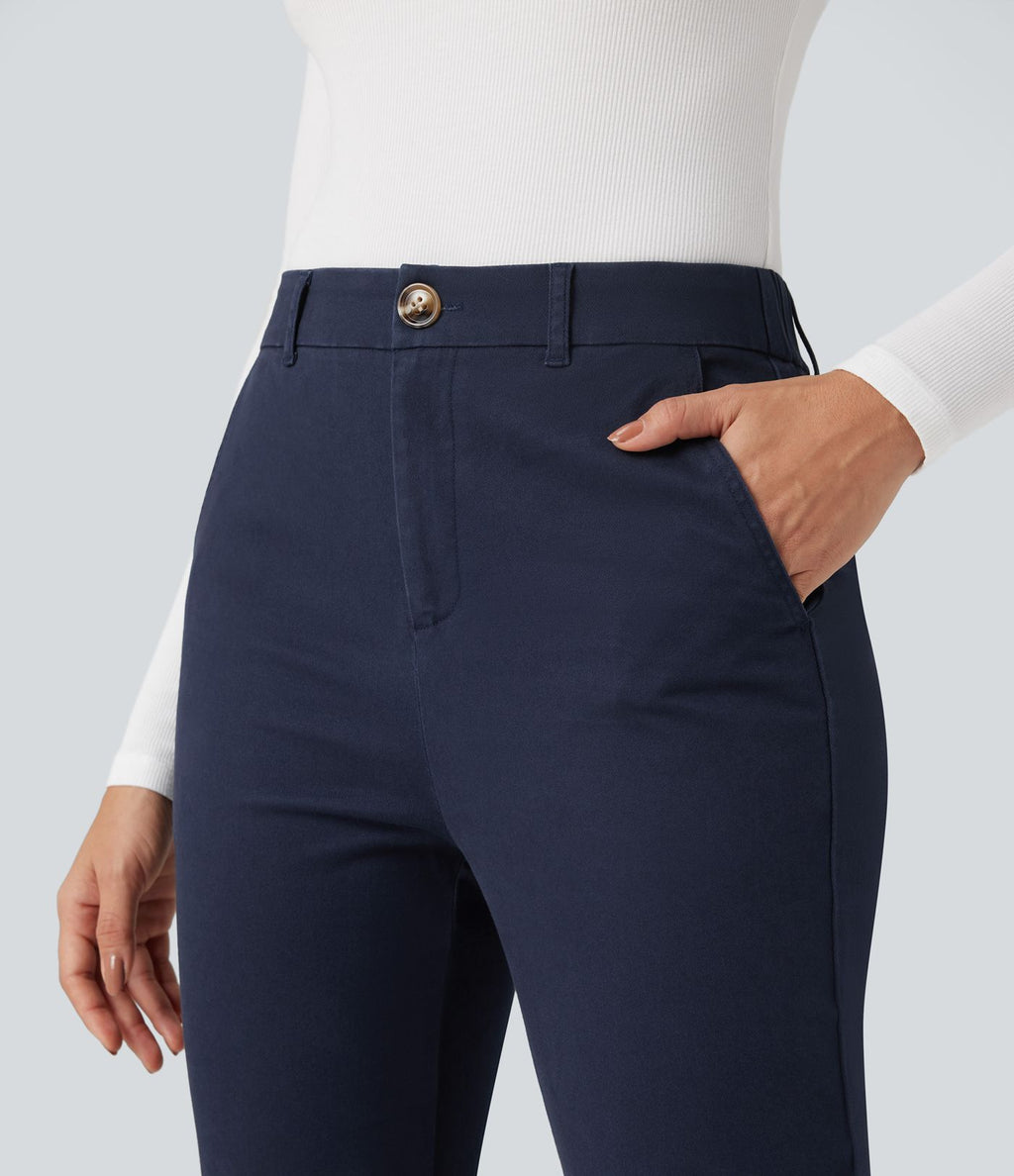 Pantalon coton 7/8 coupe ajustée taille mi-haute avec poches