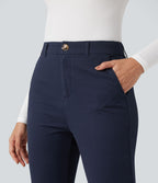 Pantalon coton 7/8 coupe ajustée taille mi-haute avec poches