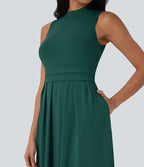 Robe longue décontractée sans manches à col montant, coupe évasée et poches latérales