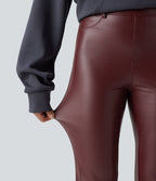 Pantalon évasé décontracté taille haute en tissu enduit doublé polaire extensible avec poches