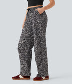 Pantalon casual taille haute cordon jambe droite imprimé léopard avec poches